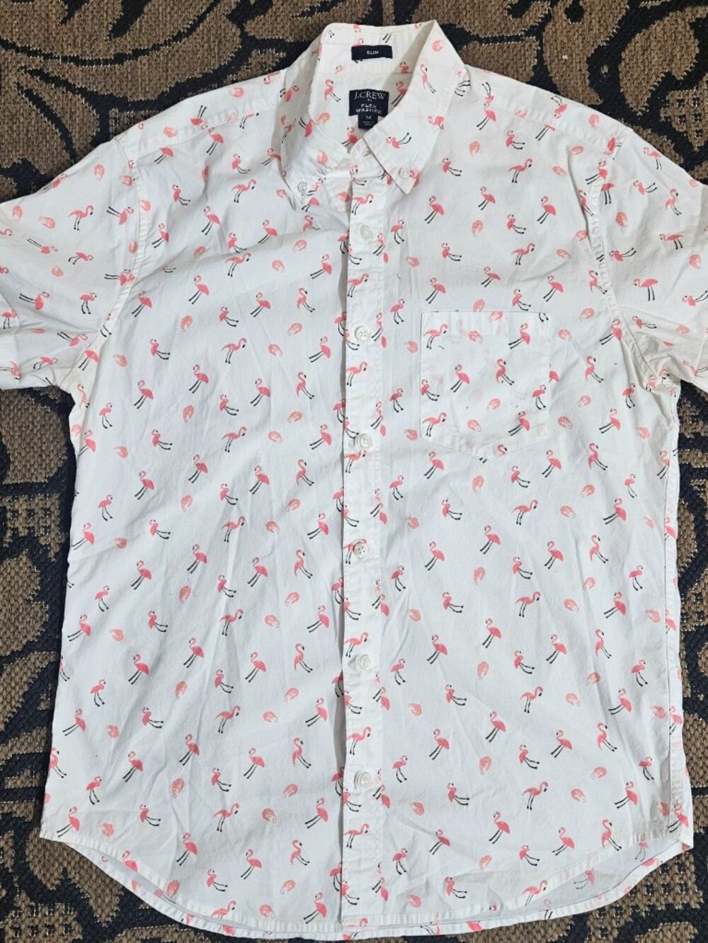 J. Crew Men’s Short-Sleeve Slim Flamingo Print Shirt Size Medium AL474 Summer